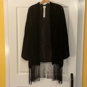 Chico’s black velvet burnout fringe top